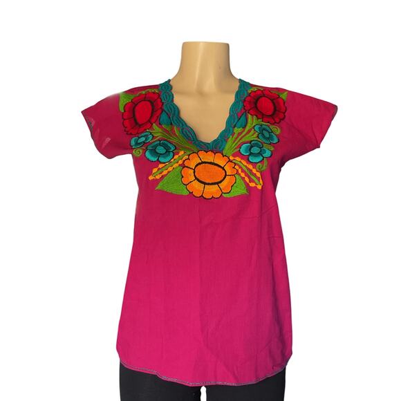 Blouse Pink Artisanal Floral Top Embroidered Mexican from Chiapas Folk Art - Picture 1 of 7